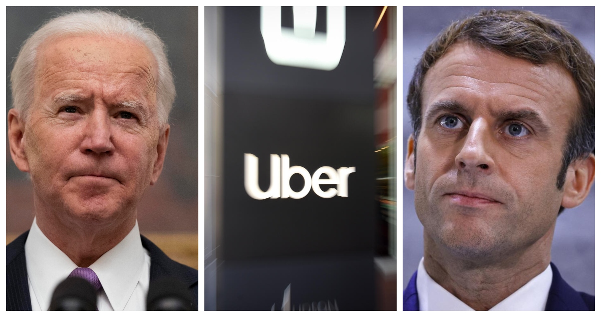 Composición de fotos de Biden, Macron y Uber.