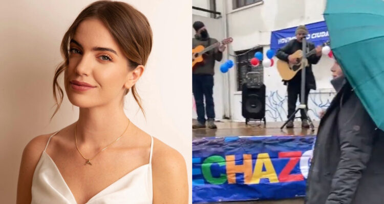 La animadora Millaray Viera sonríe a la cámara tranquila. A su lado, una captura del video en donde se escucha el tema de Gervasio en plena campaña por el Rechazo.