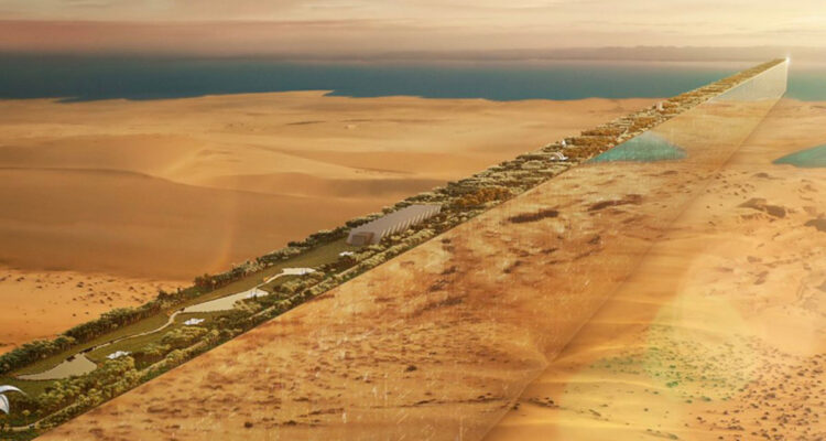 Los muros reflectantes de la ciudad en medio del desierto.