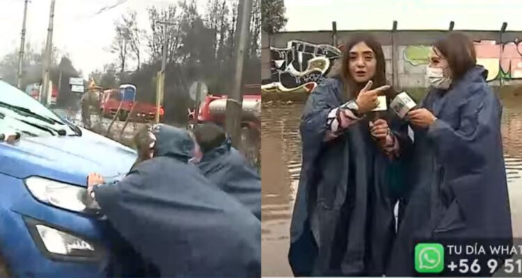 Las periodistas de Canal 13 y CHV, Marilyn Pérez y Daniela Muñoz, empujando el vehículo y, posteriormente, conversando juntas.