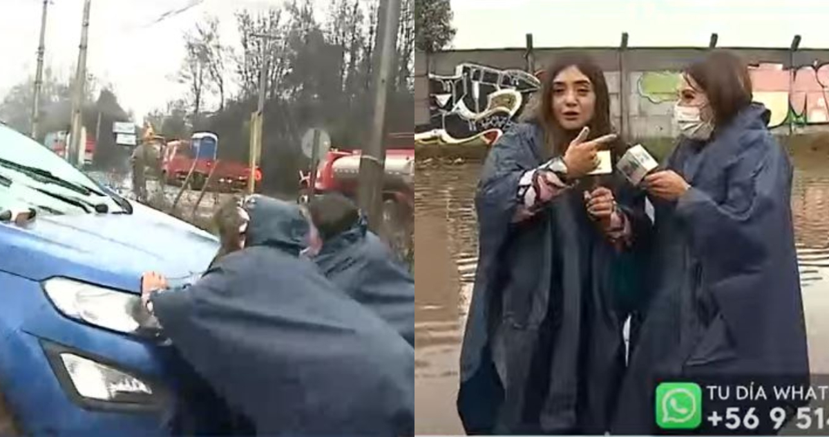 Las periodistas de Canal 13 y CHV, Marilyn Pérez y Daniela Muñoz, empujando el vehículo y, posteriormente, conversando juntas.