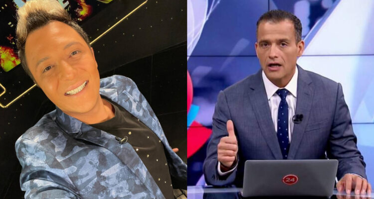 El periodista Sergio Rojas sonriendo a la cámara. A su lado, Iván Núñez relatando noticias.