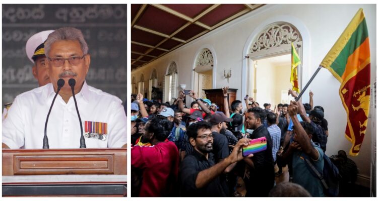 Fotografías del presidente de Sri Lanka y de los manifestantes en su residencia.