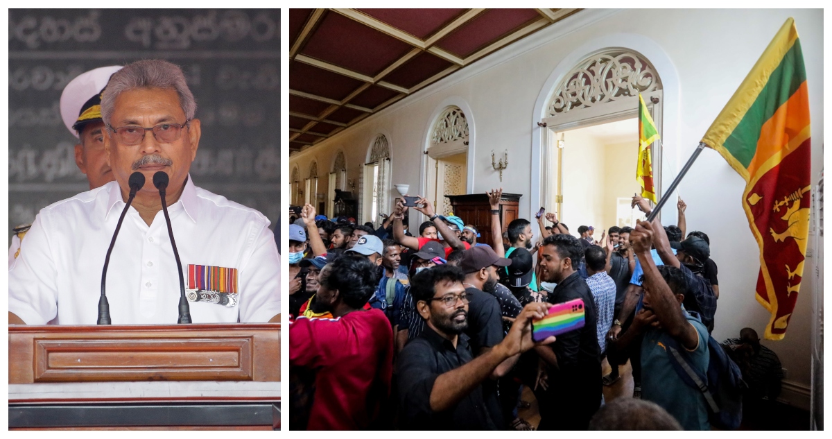 Fotografías del presidente de Sri Lanka y de los manifestantes en su residencia.