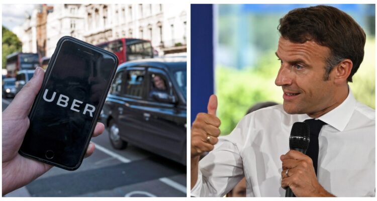 Una fotografía de Emmanuel Macron y otra temática de Uber.