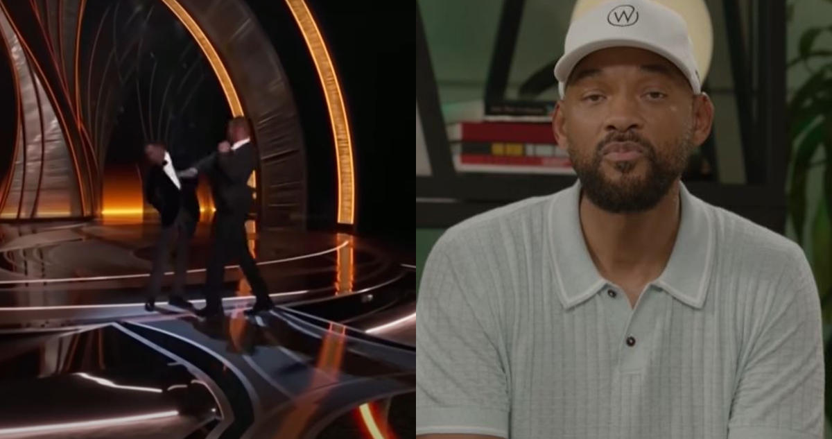 El momento en el que el actor Will Smith golpea a Chris Rock en los premios Óscar. A su lado, Will Smith en el video pidiendo disculpas