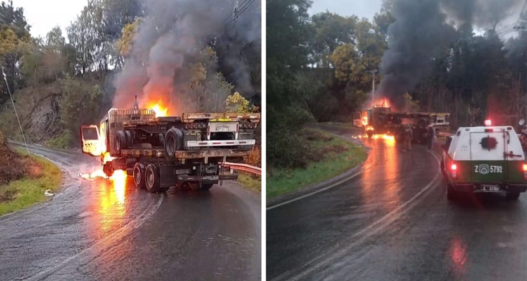 Queman dos camiones durante ataque a balazos en Cunco: una tercera máquina quedó con daños.
