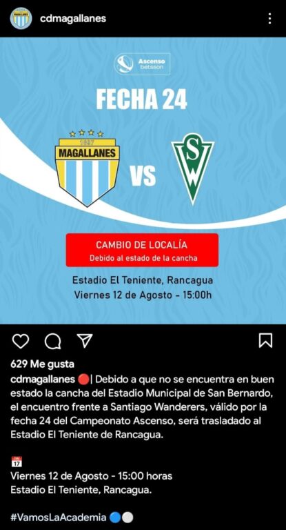 Magallanes cambia el recinto de local ante Santiago Wanderers.