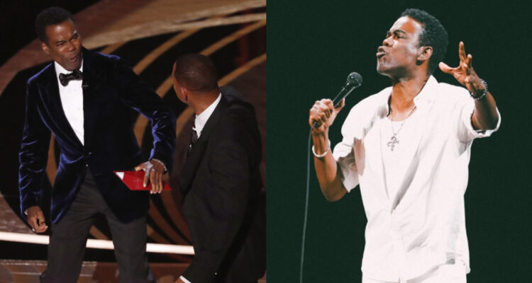 El comediante Chris Rock tras ser golpeado por Will Smith. A su lado, Chris Rock hablando en sus shows.