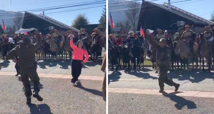 Carabineros bailando cueca en actividad vinculada al Rechazo en Lonquimay