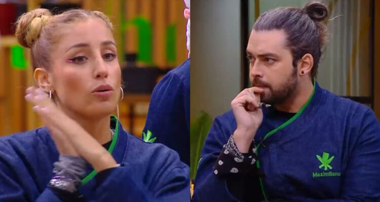 Daniela Castro sostiene un plato con la preparación del programa. A su lado, Max Cabezón se ve pensativo mientras ve el menú a preparar.