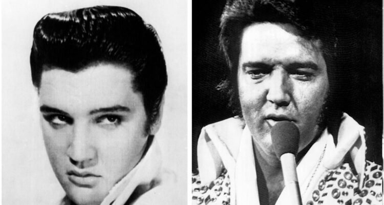Elvis Presley en su juventud y poco antes de su muerte