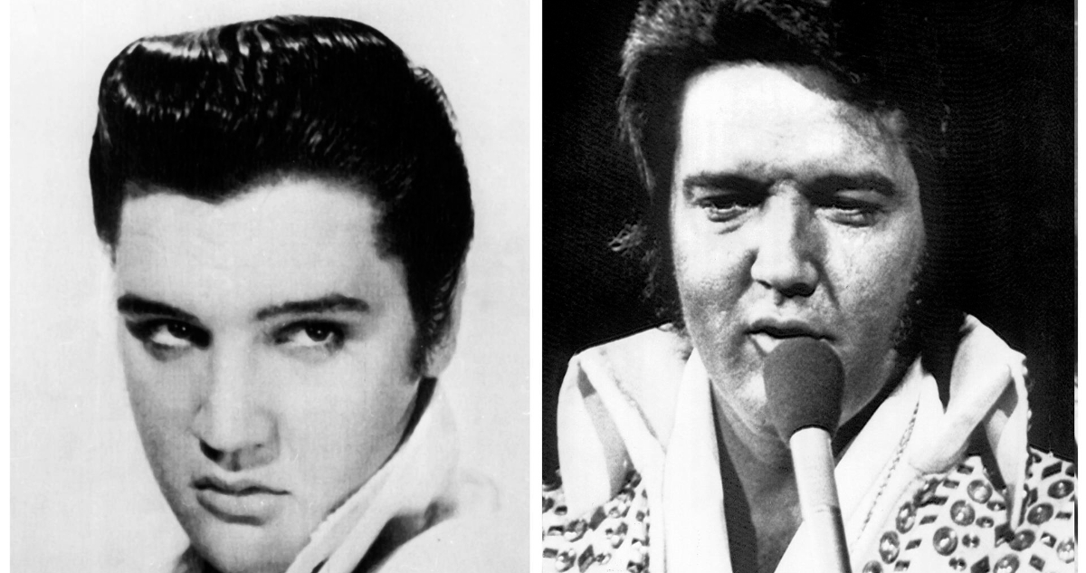 Elvis Presley en su juventud y poco antes de su muerte