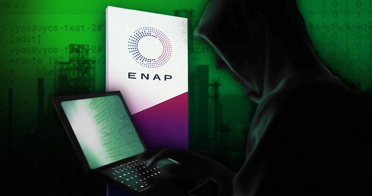 Diseño que muestra a una persona, aparentemente un hacker, junto a un computador y el logo de ENAP.