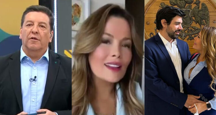 Julio César Rodríguez serio mientras es encarado por el diputado Joaquín Lavin Jr. A su lado, Lavín y su esposa Kathy Barriga abrazados a la vez que hay una captura del video que acusan, tiene un filtro.