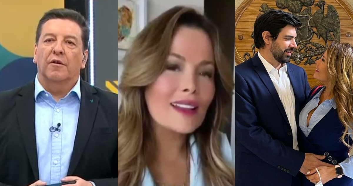 Julio César Rodríguez serio mientras es encarado por el diputado Joaquín Lavin Jr. A su lado, Lavín y su esposa Kathy Barriga abrazados a la vez que hay una captura del video que acusan, tiene un filtro.