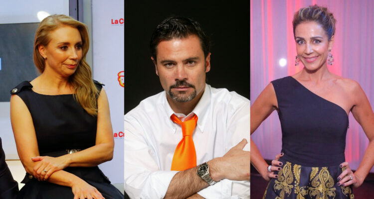 Karen Doggenweiler mira hacia su derecha y Bárbara Rebolledo posando para la cámara. Al centro se encuentra Felipe Camiroaga, quien posa serio.