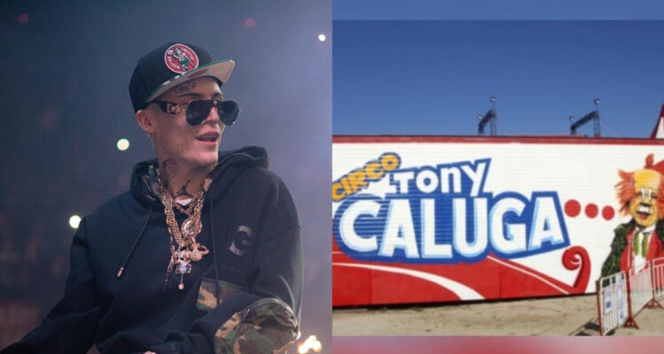 Marcianeke en medio de uno de sus conciertos. A su lado, el frontis del circo Tony Caluga.