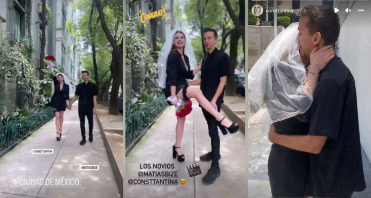 Tanza Varela y su esposo Matías Bize se besan y caminan por la calle tras haber dicho sus votos matrimoniales.