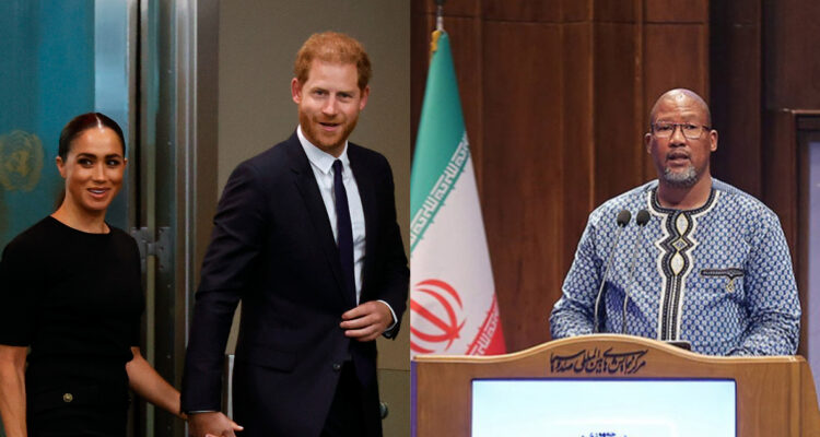 Meghan Markle junto a su esposo, el príncipe Harry. A su lado, Zwelivelile Mandela, nieto de Nelson Mandela, hablando en un discurso.