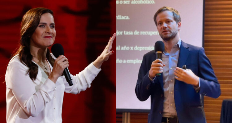 La comediante Natalia Valdebenito y el escritor Axel Kaiser en un evento.