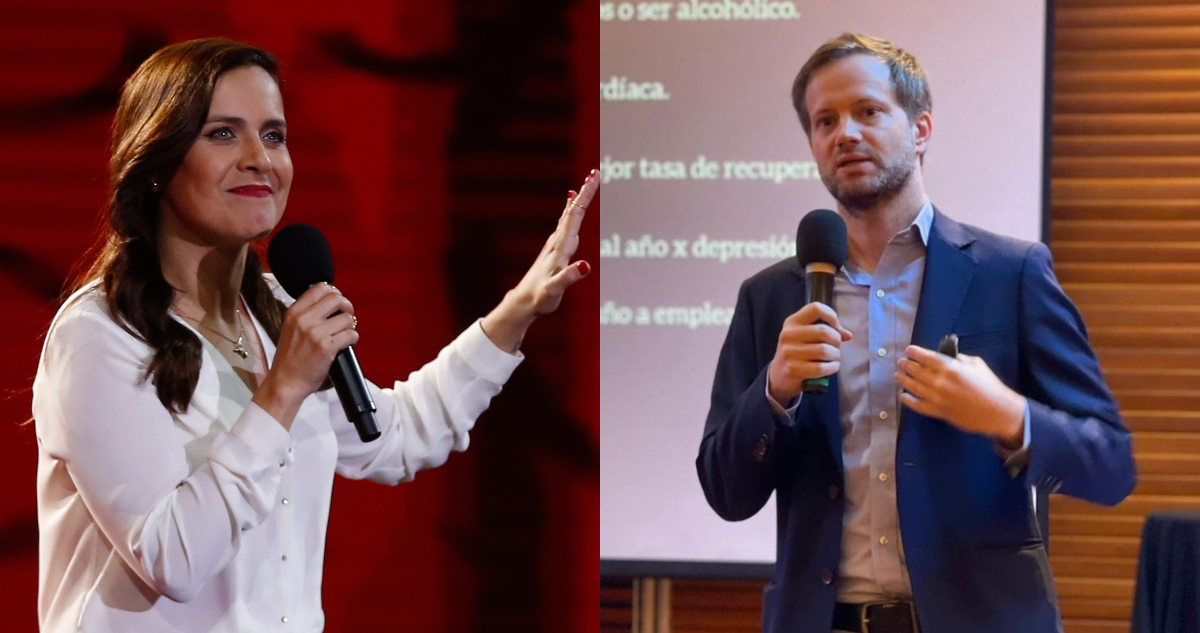 La comediante Natalia Valdebenito y el escritor Axel Kaiser en un evento.
