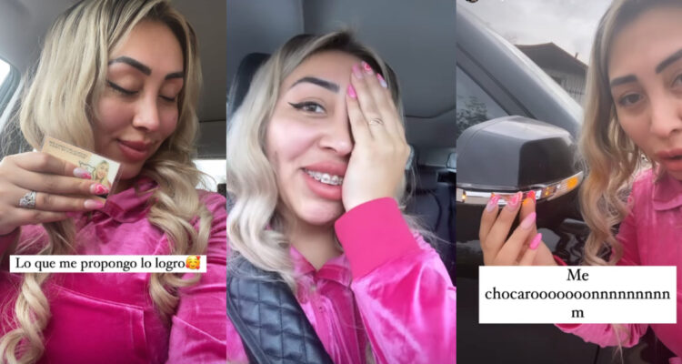 La influcencer Naya Fácil mostrando su licencia y poco después, mostrando los efectos que tuvo el choque que sufrió.