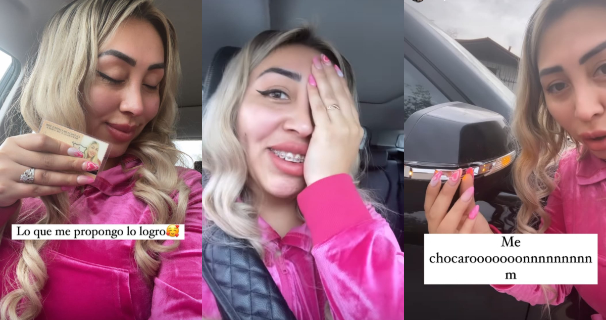 La influcencer Naya Fácil mostrando su licencia y poco después, mostrando los efectos que tuvo el choque que sufrió.