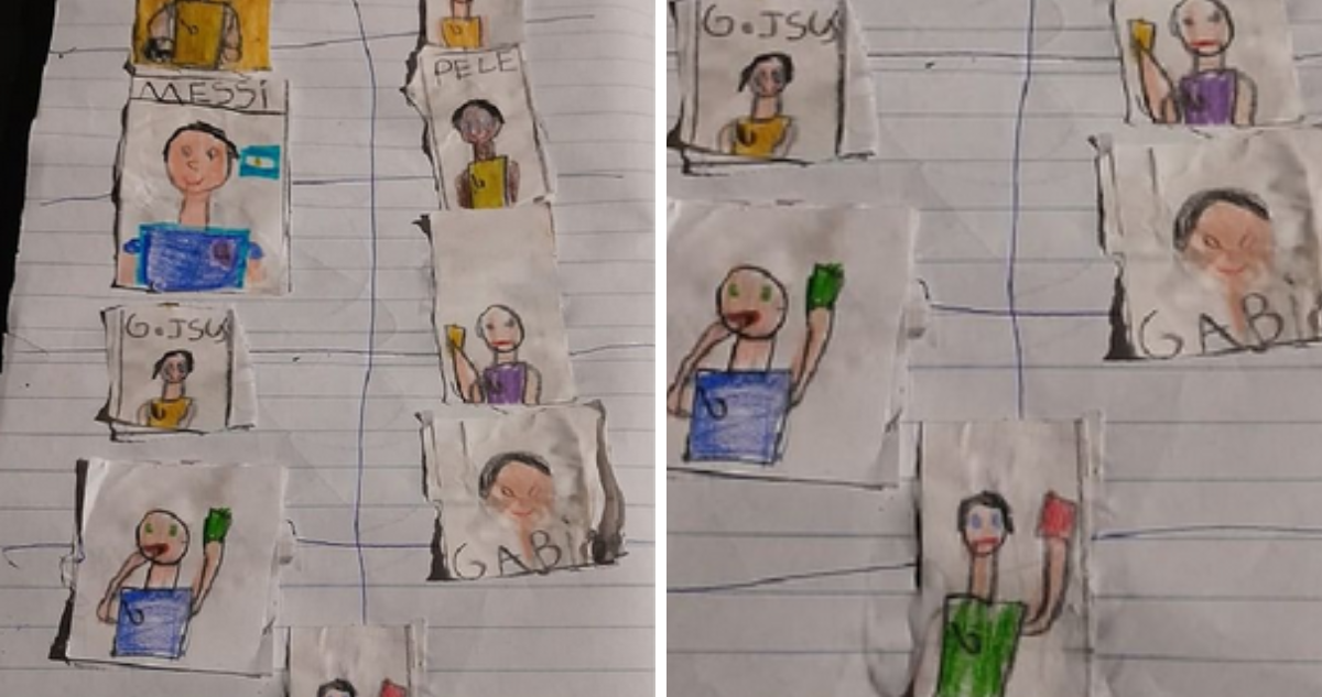 Niño de 8 años dibuja su propio álbum de Qatar porque sus padres no podían comprarle uno en Brasil