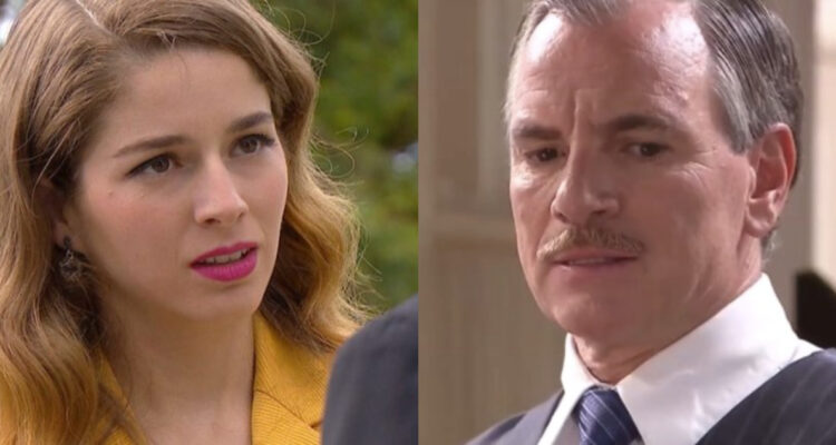 Escenas de Perdona Nuestros Pecados donde Armando Quiroga (Álvaro Rudolphy) se ve serio en medio de una discusión. A su lado, María Elsa (Mariana Di Girolamo) también se ve molesta conversando con otro personaje.