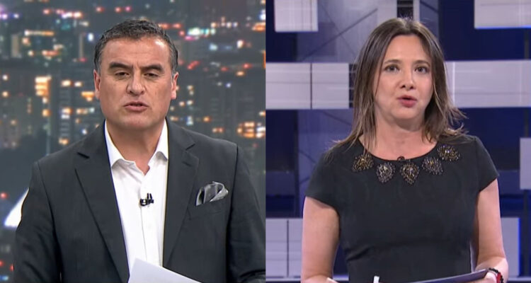 Ramón Ulloa leyendo el comunicado de Canal 13. A su lado, Mónica Perez hablando en el noticiero.