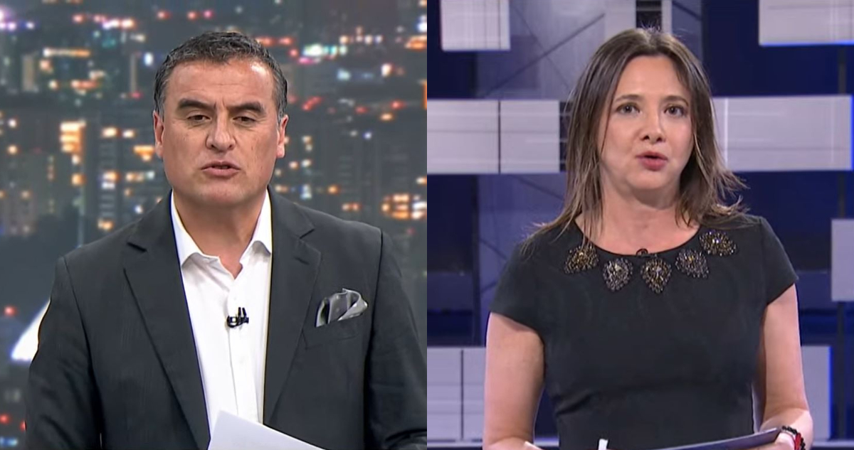 Ramón Ulloa leyendo el comunicado de Canal 13. A su lado, Mónica Perez hablando en el noticiero.