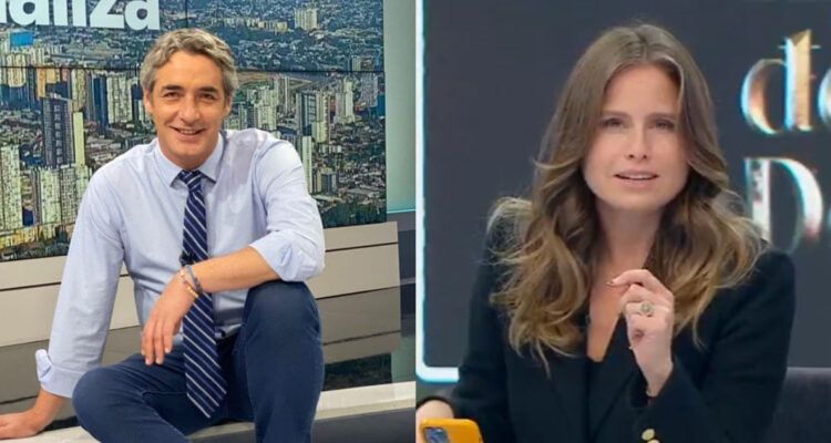 Soledad Onetto animando Mucho Gusto. A su lado, una foto de José Luis Reppening en el set de Meganoticias actualiza.