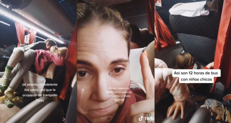 Tiktoker mostrando el video en donde sus hijos juegan en un bus. La mujer denunció niñofobia tras las críticas.