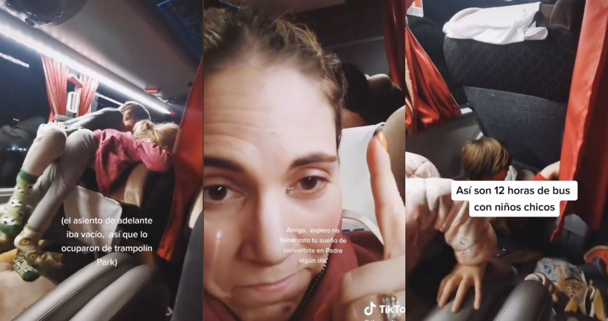 Tiktoker mostrando el video en donde sus hijos juegan en un bus. La mujer denunció niñofobia tras las críticas.