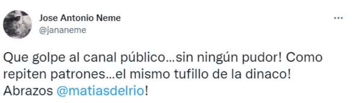 Tuit de José Antonio Neme en sus redes sociales en apoyo a Matías del Río.
