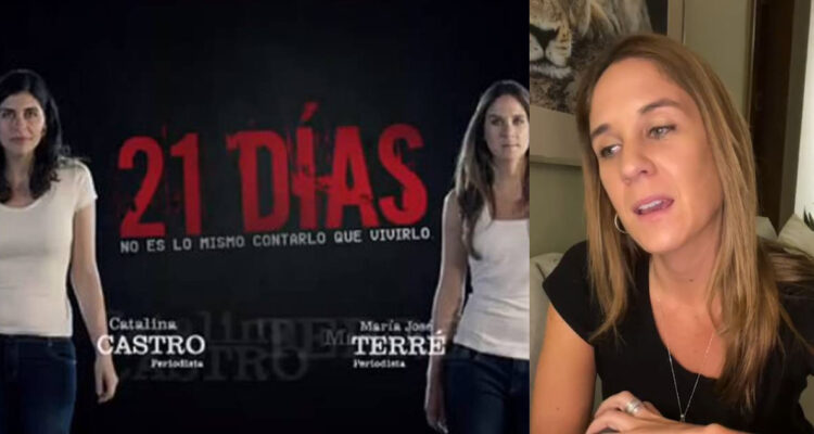La periodista María José Terré hablando de 21 Días. A su lado, el logo del programa.
