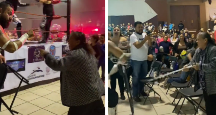 Adulta mayor se enfrenta a luchador en show de Lucha Libre