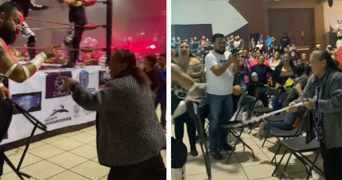 Adulta mayor se enfrenta a luchador en show de Lucha Libre