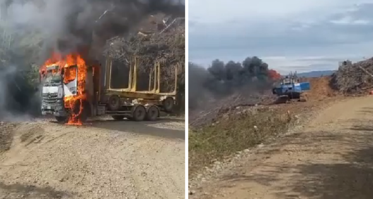 Al menos dos camiones y una máquina forestal deja ataque incendiario en la comuna de Lanco.