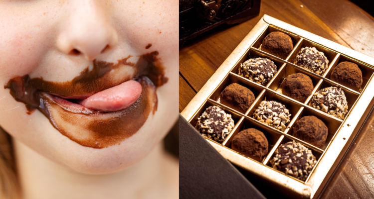 Persona comiendo chocolate y caja de bombones