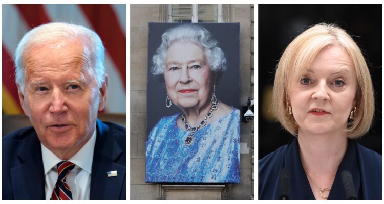 Una imagen compuesta con fotos de Joe Biden, la reina Isabel II, y Liz Truss.