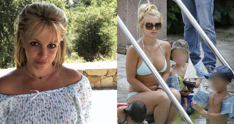 La cantante Britney Spears sonríe a la cámara. A su lado, una foto de la artista con sus hijos en la playa.