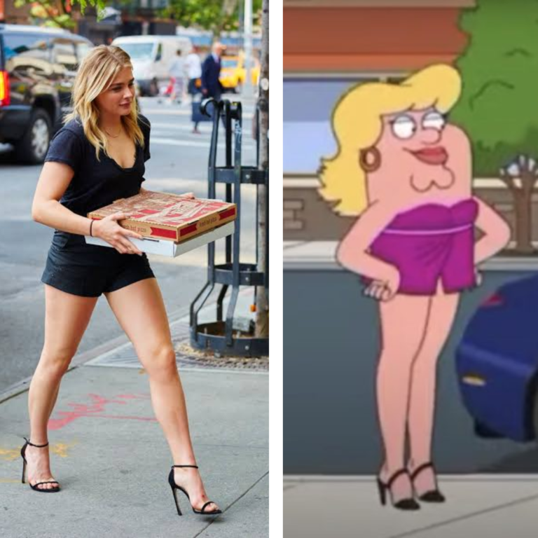 Fotografía de Chloë Grace Moretz tomada por los paparazzi que después fue adulterada en las redes sociales para convertirla en meme (derecha); Personaje de Family Guy del que se inspiró el meme (izquierda)