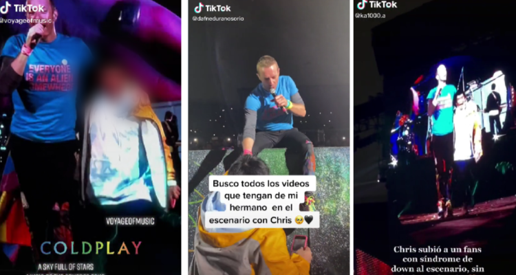 Chris Martin, vocalista de Coldplay junto a fan en el escenario en el último concierto de la banda en Chile.