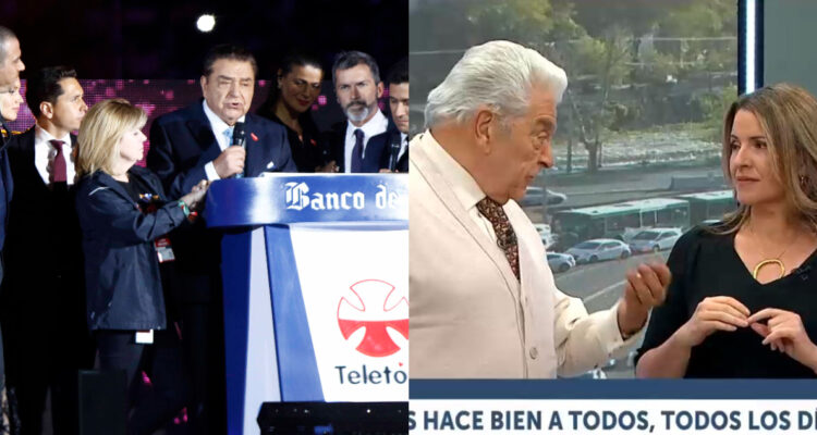 El animador Mario Kreutzberger, mejor conocido como Don Francisco, en el evento de cierre de la Teletón en 2018, en el Estadio Nacional. A su lado, el comunicador junto a Monserrat Álvarez.