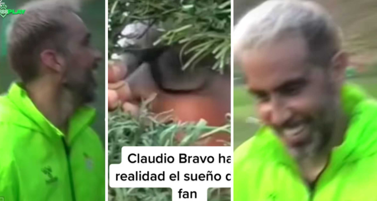 Claudio Bravo hace feliz a un niño en el entrenamiento del Real Betis.