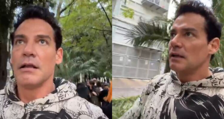 El actor Cristián de la Fuente hablando en medio de un terremoto en México.