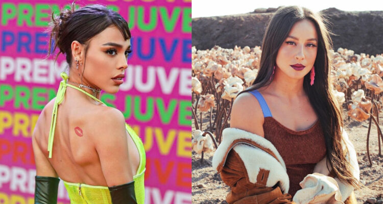 Danna Paola posa en los premios Juventud. A su lado, Denise Rosenthal mira hacia la cámara mientras posa en un campo.