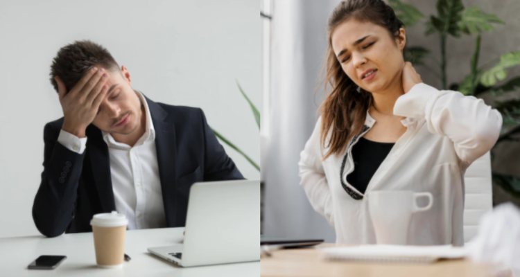 hombre con dolor de cabeza y mujer con dolor de espalda crónico
